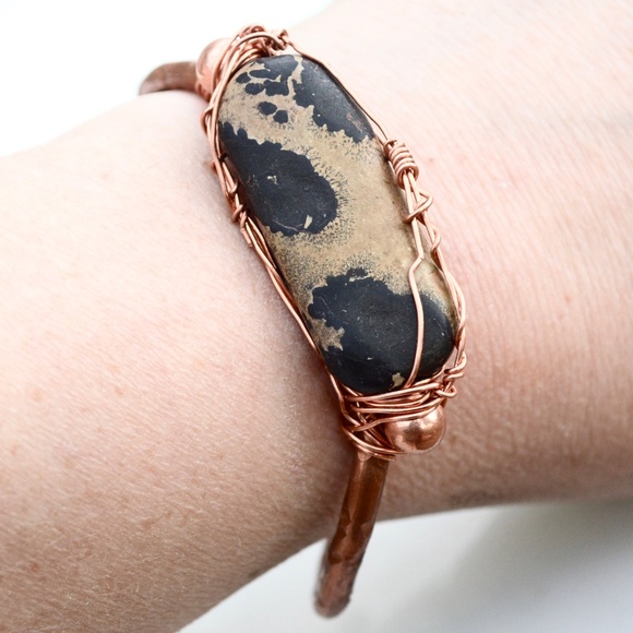 Leopard Cheetah Jasper Solid Copper Cuff Bracelet - Picture 3 of 7